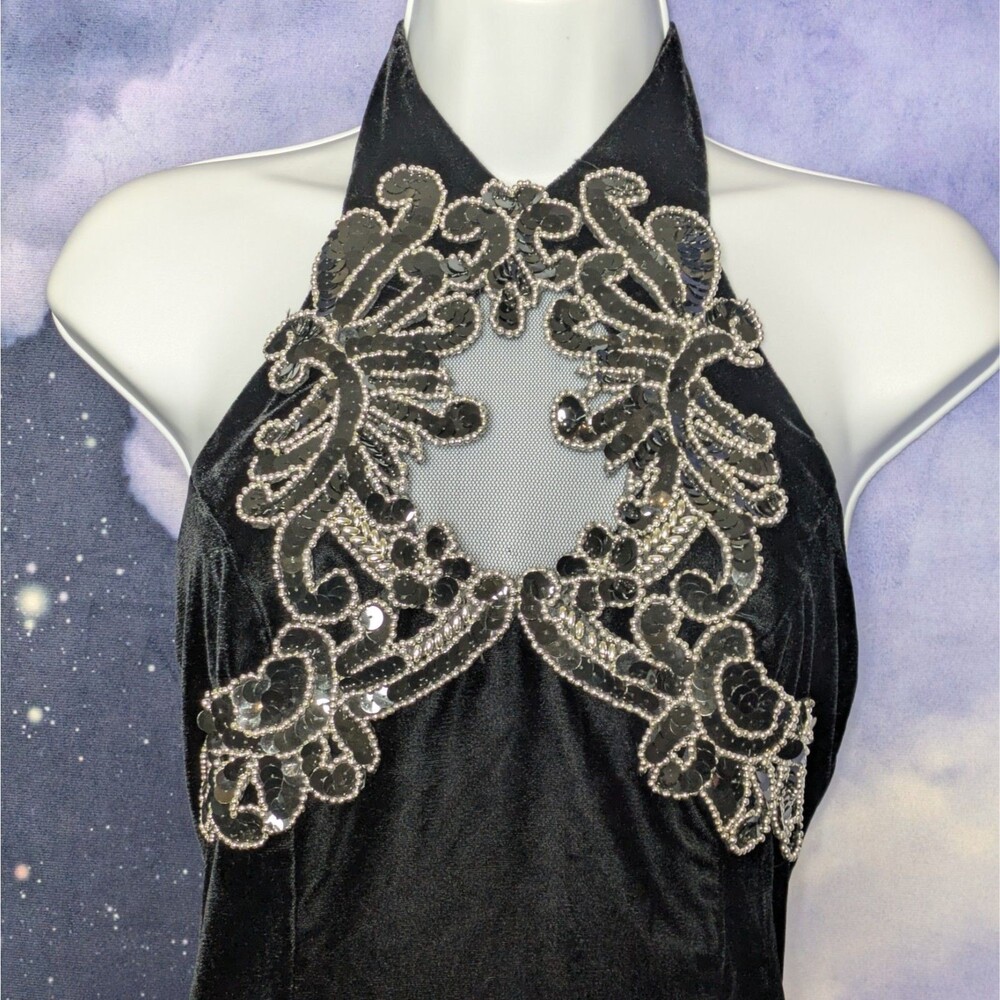 Vintage Black Velvet Beaded Halter Dress Goth Glam Party Cocktail XS Zum Zum 90s - Picture 13 of 13
